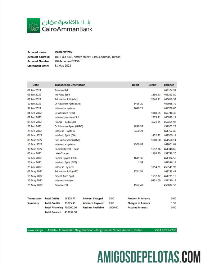 modelo realista de extrato bancário Jordan Cairo Amman, formato Excel e PDF
